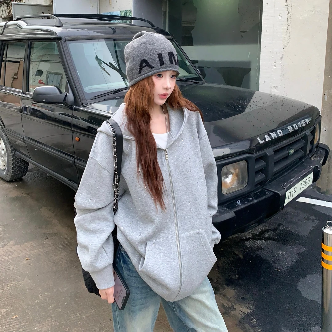 3MER 满天星烫钻连帽开衫卫衣女秋冬新款慵懒宽松休闲外套