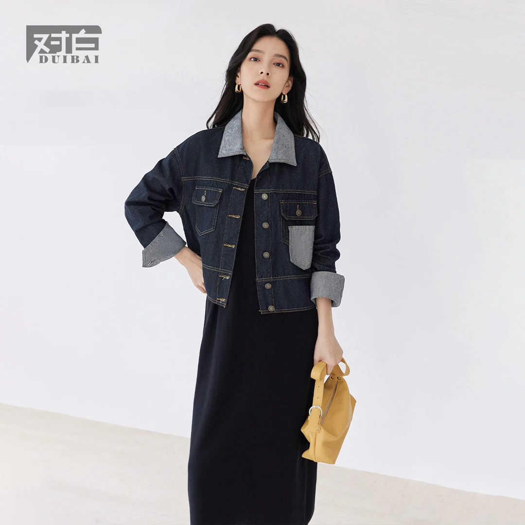 对白复古撞色牛仔短外套女2025春季新款时尚拼接个性百搭休闲上衣