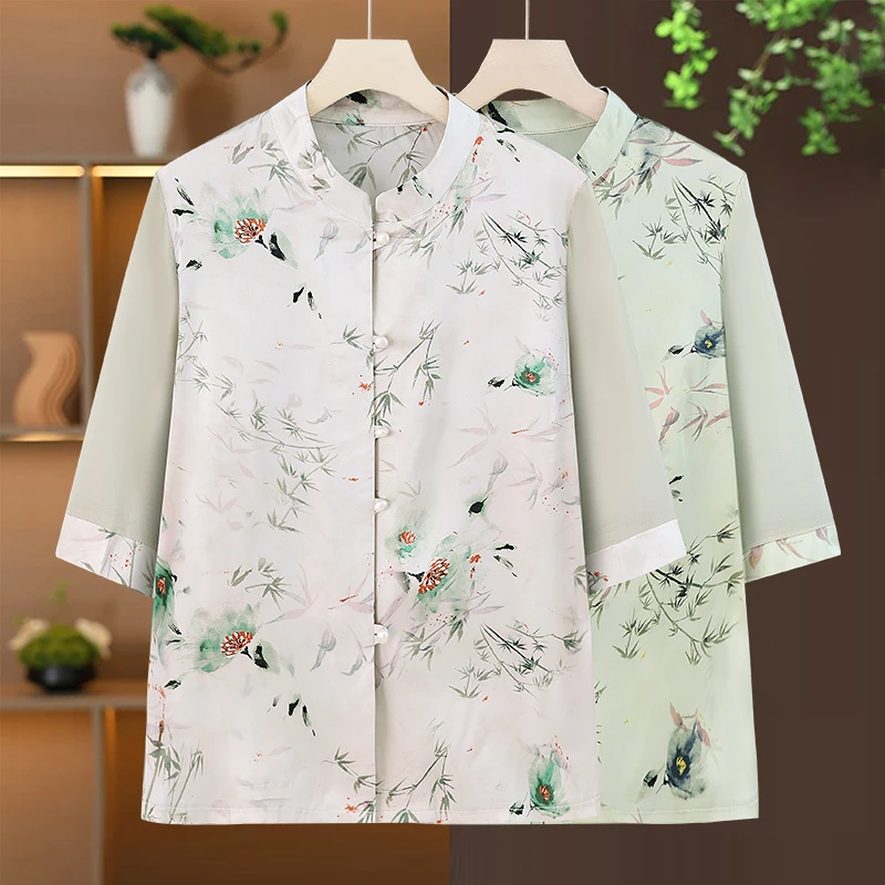 中老年夏季国风衬衫上衣妈妈装新中式老年人衣服