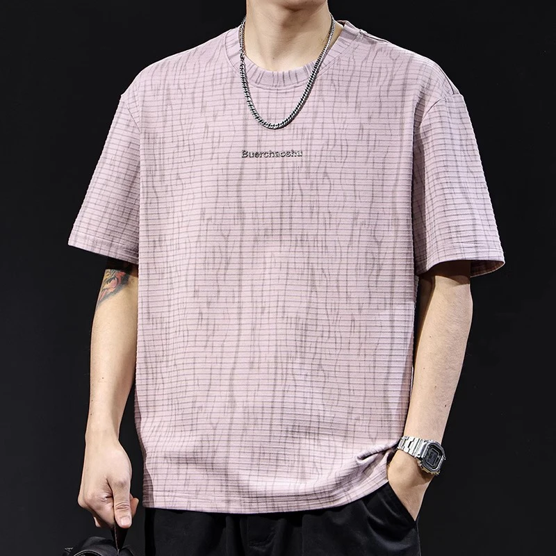 轻奢痞帅男装短袖t恤横纹提花宽松大码夏季新款衣服男款潮牌体恤T