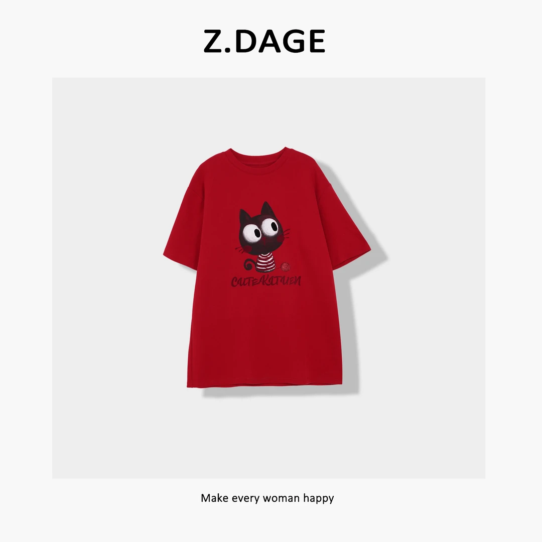 z.dage-‘’趣味猫’早春款时尚极简风卡通猫咪百搭短袖T恤-2257