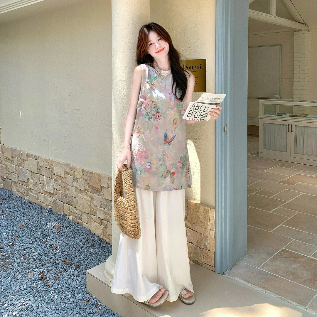 新中式国风文艺范高级感印花背心套装女2025夏季新款阔腿裤两件套
