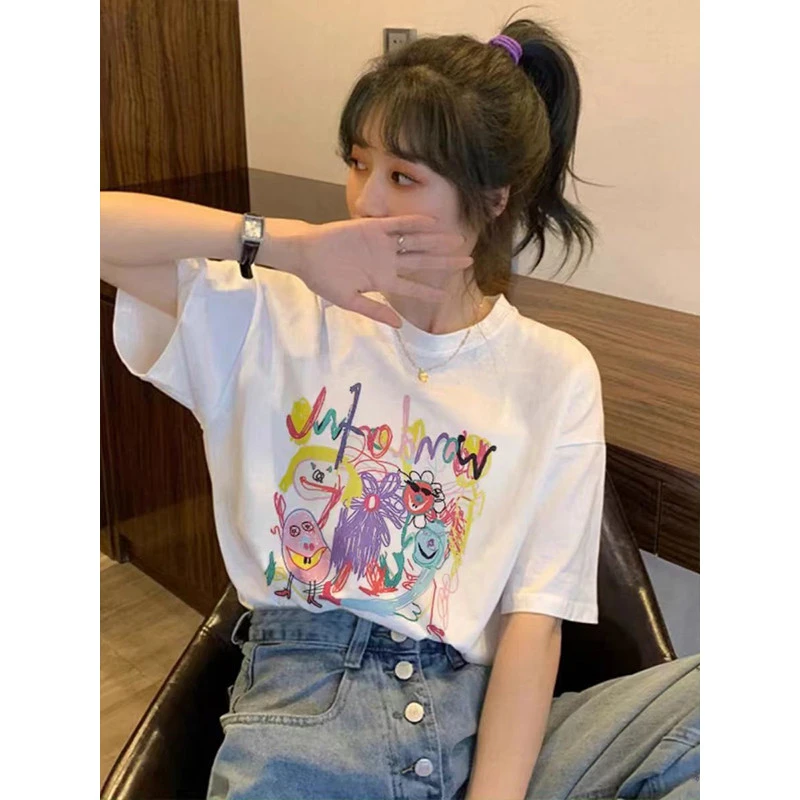 2025新款涂鸦印花白色t恤女夏季正肩显瘦体恤打底衫短袖上衣小众