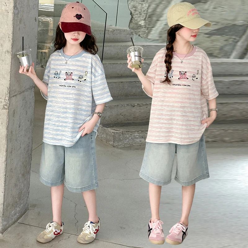 2025女大童休闲夏季新款洋气韩系条纹短袖牛仔中裤套装潮