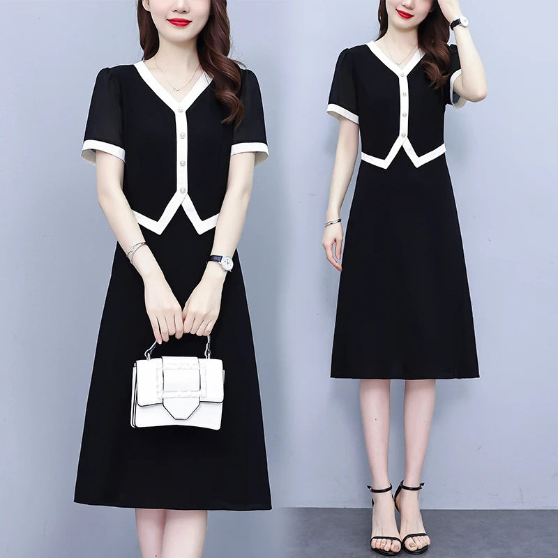 大码女装 2025新款大码女装连衣裙雪纺拼接假两件显瘦赫本风小黑