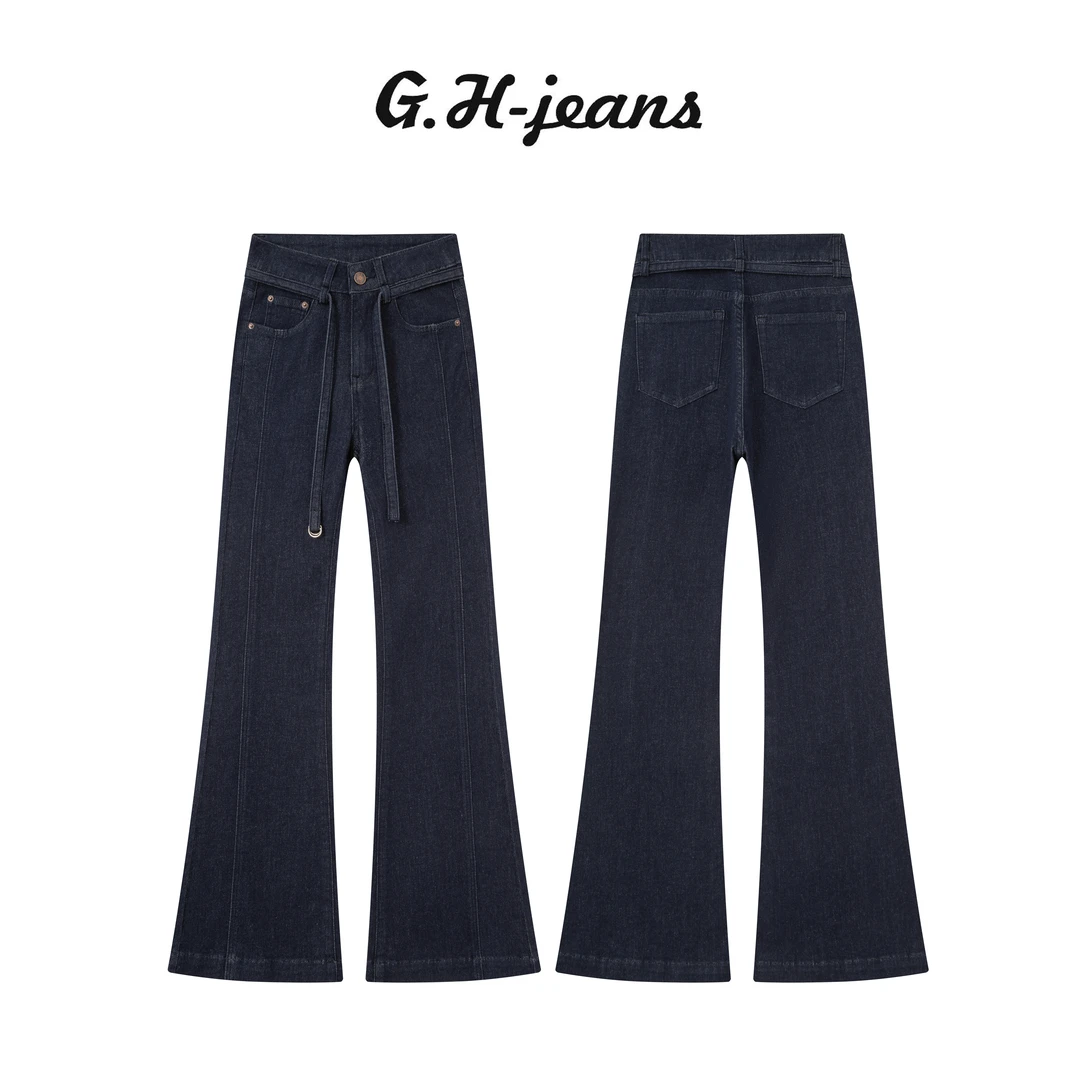 【G.H】夏季薄款原牛蓝大牌腰带设计垂坠提臀显瘦不掉色微喇牛仔裤