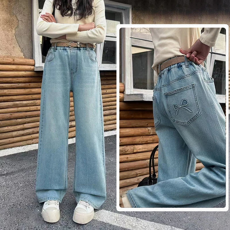 女孩大童春夏2025新款青少年装宽松休闲韩版牛仔裤直筒长裤阔腿裤
