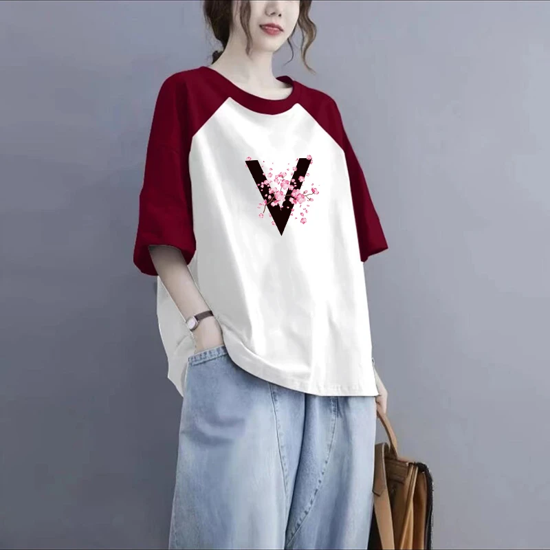 100%纯棉短袖拼接T恤女夏季新爆款大码宽松时尚遮肉圆领插肩上衣