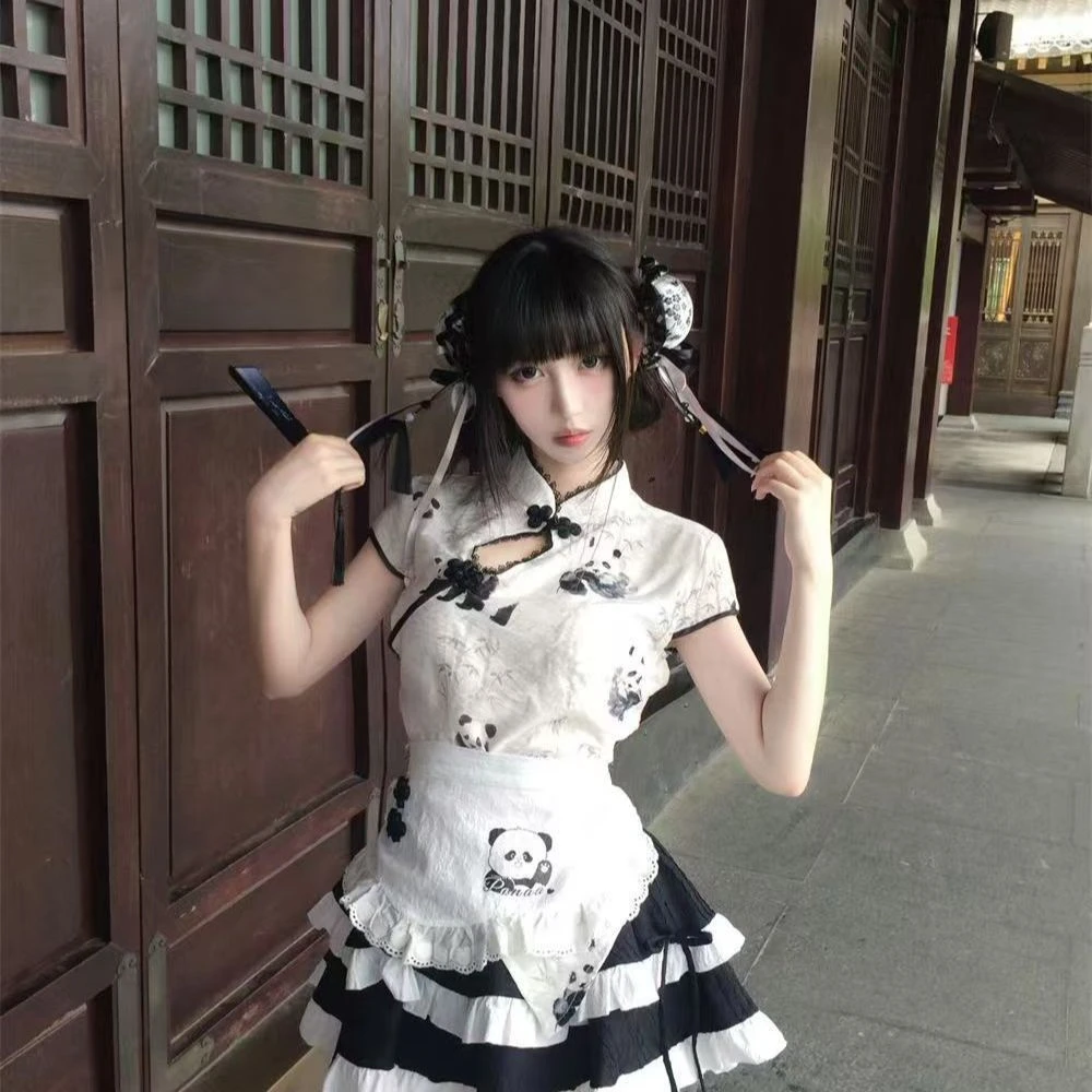 可爱少女新中式国风熊猫印花上衣高腰显瘦蓬蓬蛋糕裙女仆围裙套装