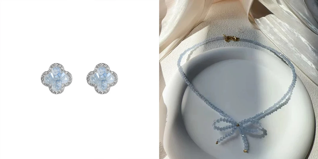 铜合金仿水晶项链 【张开心】一组！水晶蝴蝶结蓝色串珠颈链➕耳钉