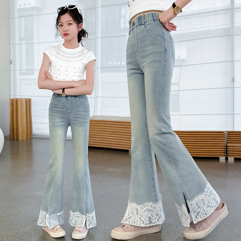 儿童夏季薄款牛仔裤新款中大童洋气时尚休闲女孩女童开叉喇叭裤潮