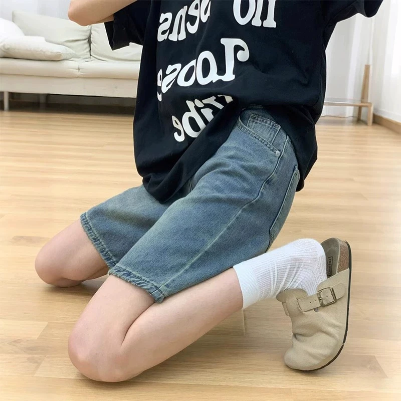 雪千羽复古阔腿牛仔短裤女夏季胖mm宽松显瘦梨形身材五分直筒中裤