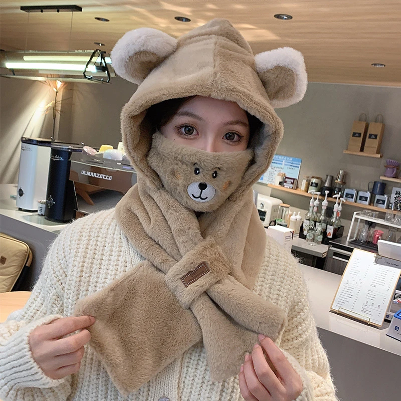 帽子围巾一体女冬天保暖护耳可爱毛绒围脖连体帽骑行毛茸茸雷锋帽