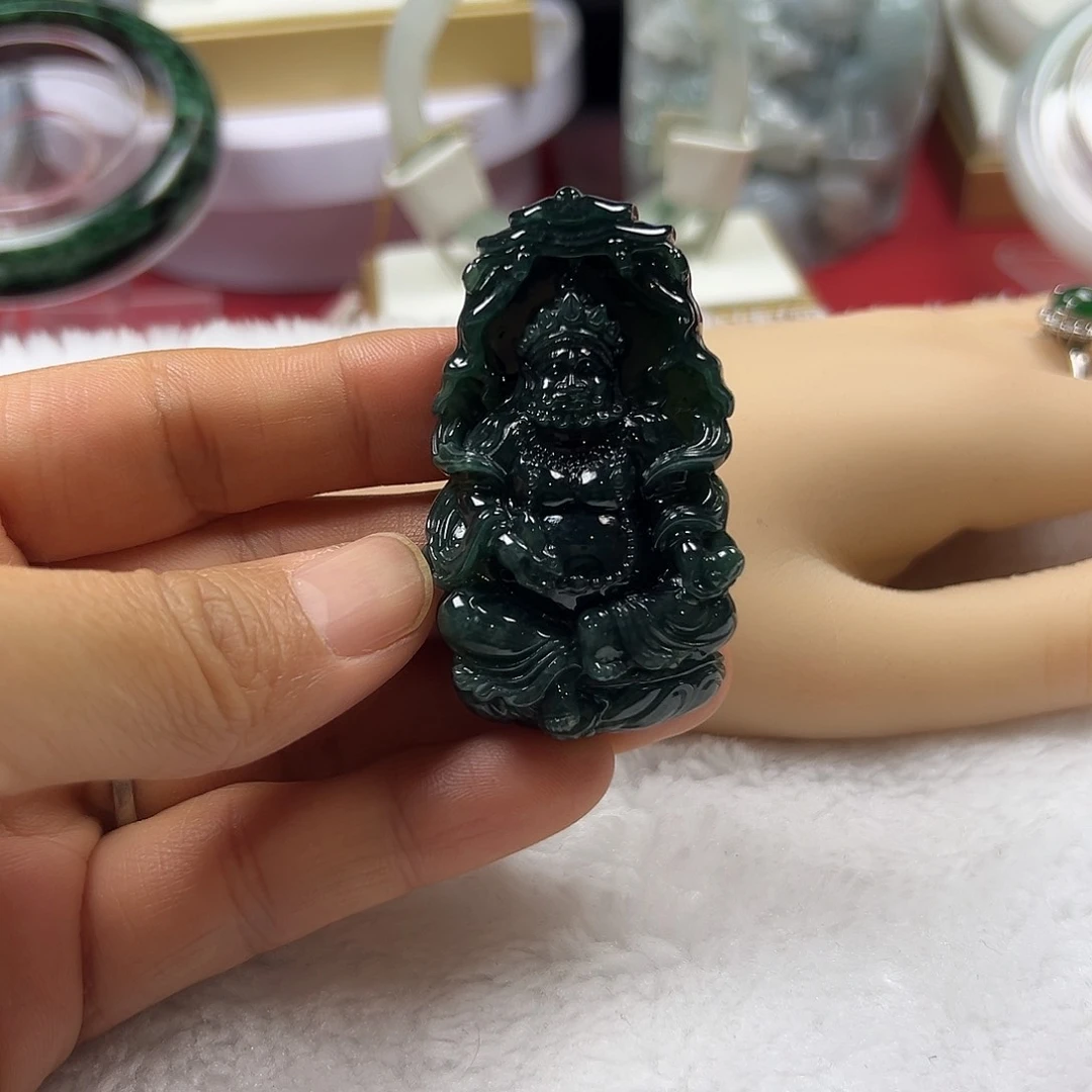 颈饰未镶嵌翡翠缅甸天然A货翡翠老蓝水黄财神吊坠