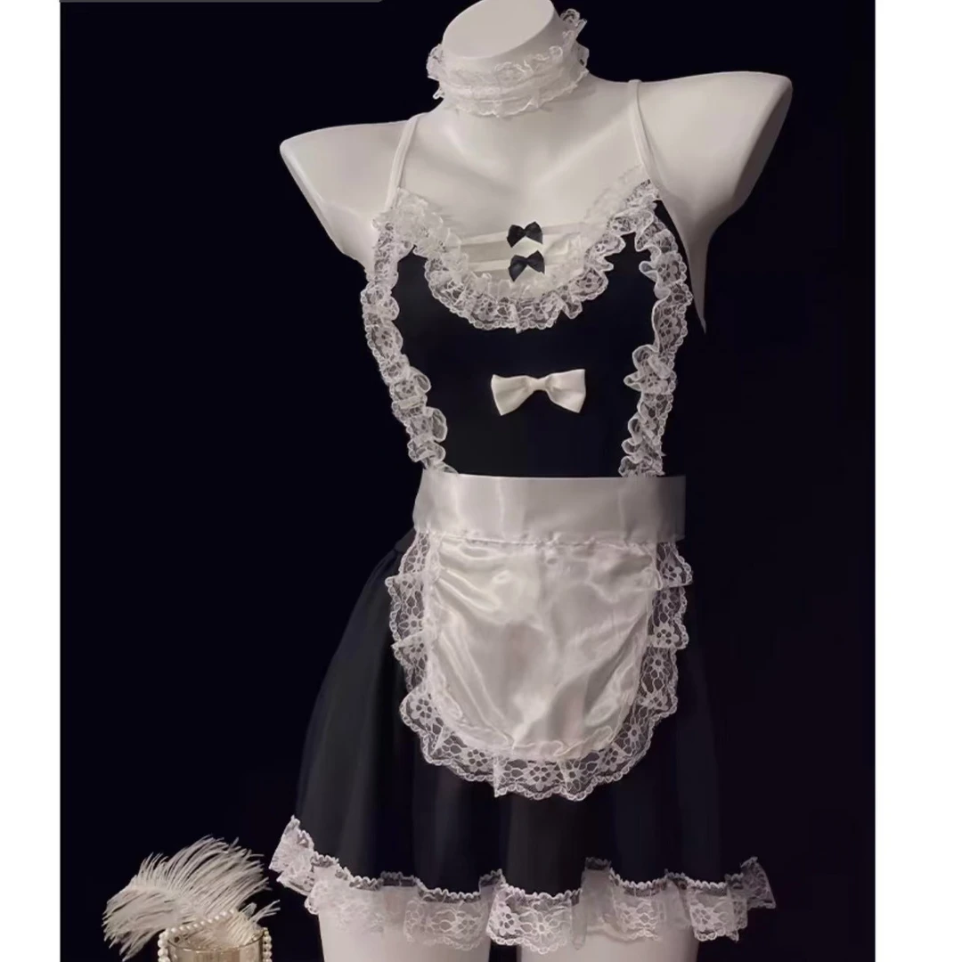 （尤物）80-130斤可爱纯欲风蕾丝睡裙黑白双拼花边修身连衣裙