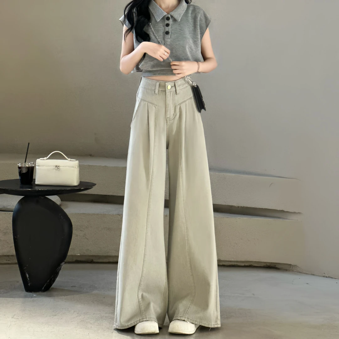 莫兰迪灰设计感宽松阔腿高腰显瘦垂感百搭直筒裤牛仔裤女7300 G