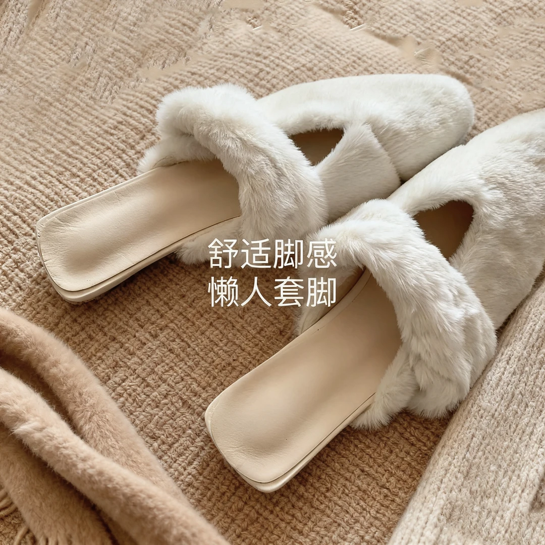 贵妃长毛兔~INS露思老钱风毛毛拖鞋女秋冬季高级感晨袍包头穆勒拖