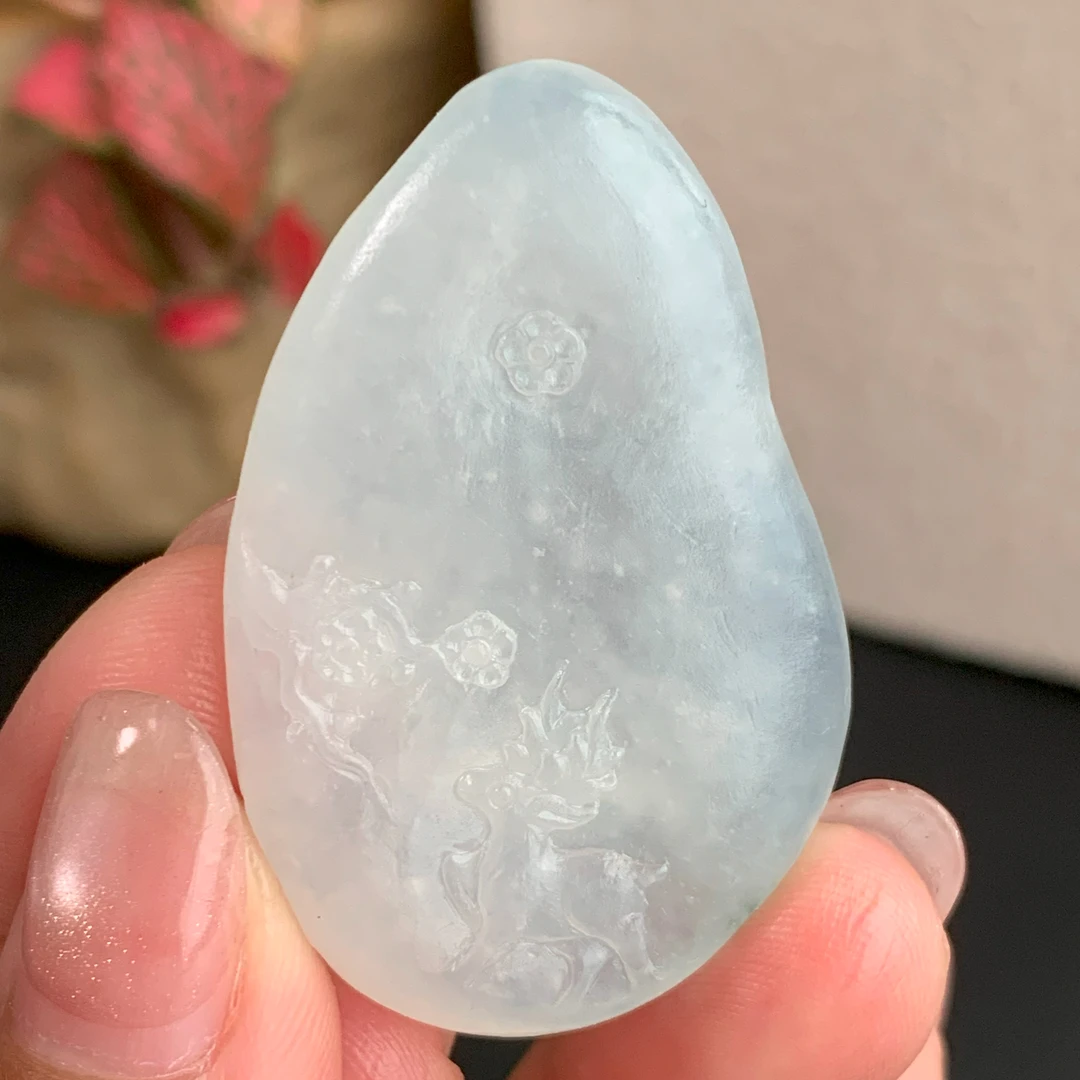 【自然光实拍】清澈天然翡翠A货冰雪花棉梅花鹿吊坠 定制毛货未抛光