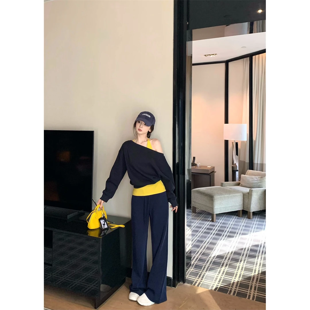 韩系撞色假两件露肩长袖卫衣高腰直筒长裤套装气质
