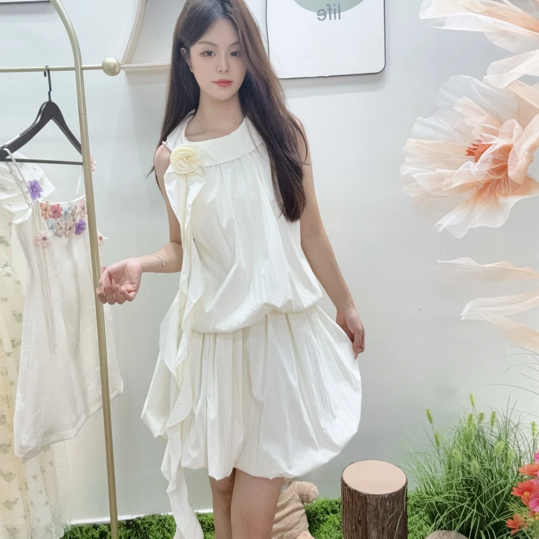 法式立体花朵挂脖飘带连衣裙女夏日绝美小个子无袖背心蓬蓬短裙