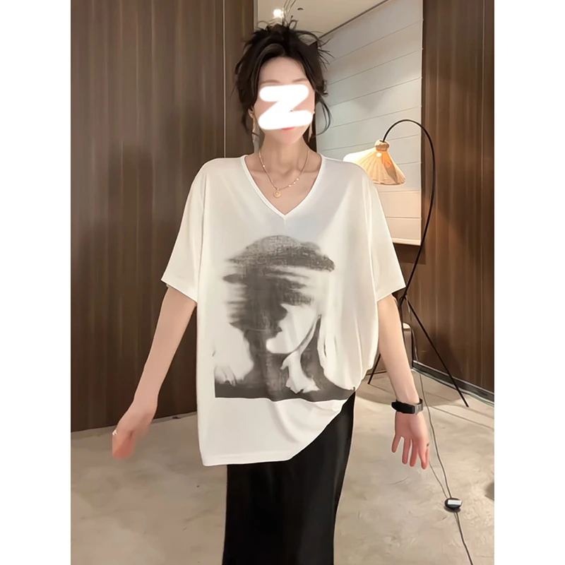 韩版宽松短袖T恤女2025夏季新款慵懒风遮肉显瘦雾面印花流行上衣