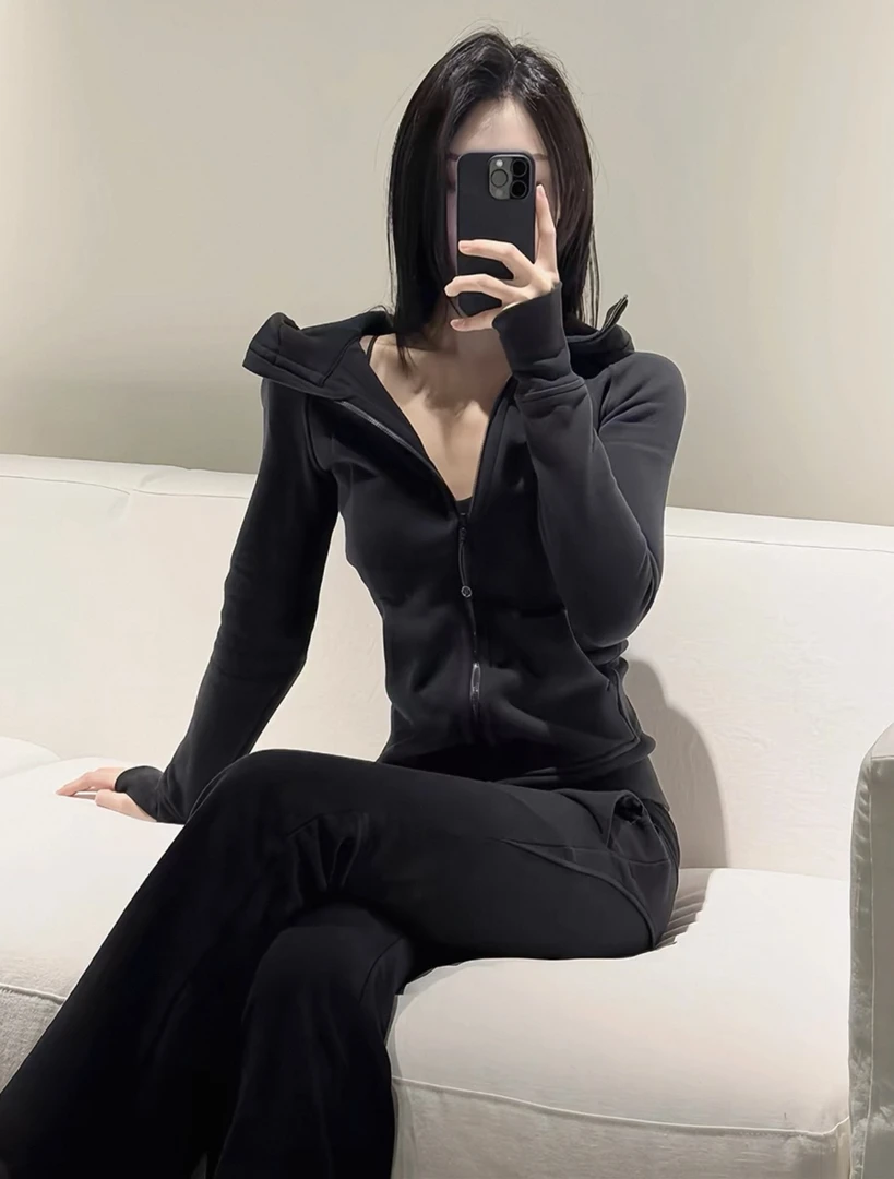 时尚休闲运动套装女2025春秋新款显瘦连帽卫衣外套微喇裤两件套装