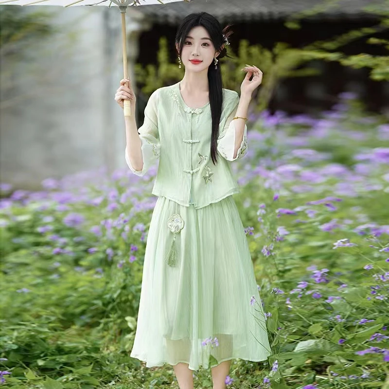 新中式国风立领短款开衫刺绣改良汉服短款上衣半裙两件套套装7819