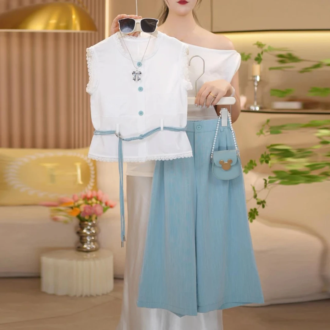 女童无袖背心阔腿裤套装2025夏季系带蕾丝花边娃娃衫薄款防蚊裤子