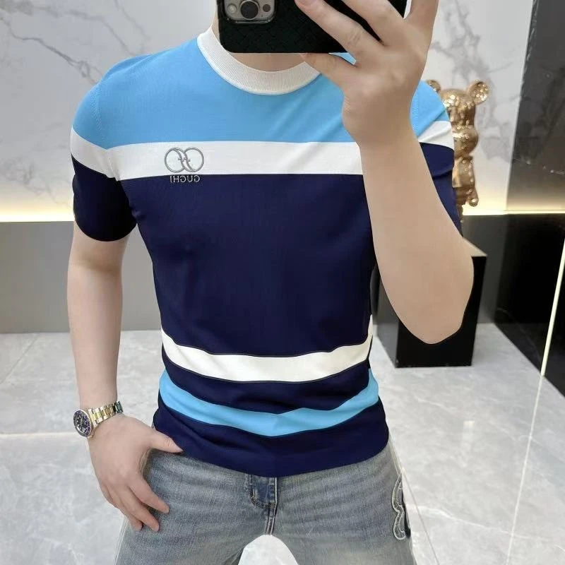 2025夏季新款欧货轻奢高品质修身冰麻针织休闲时尚潮流短袖T恤