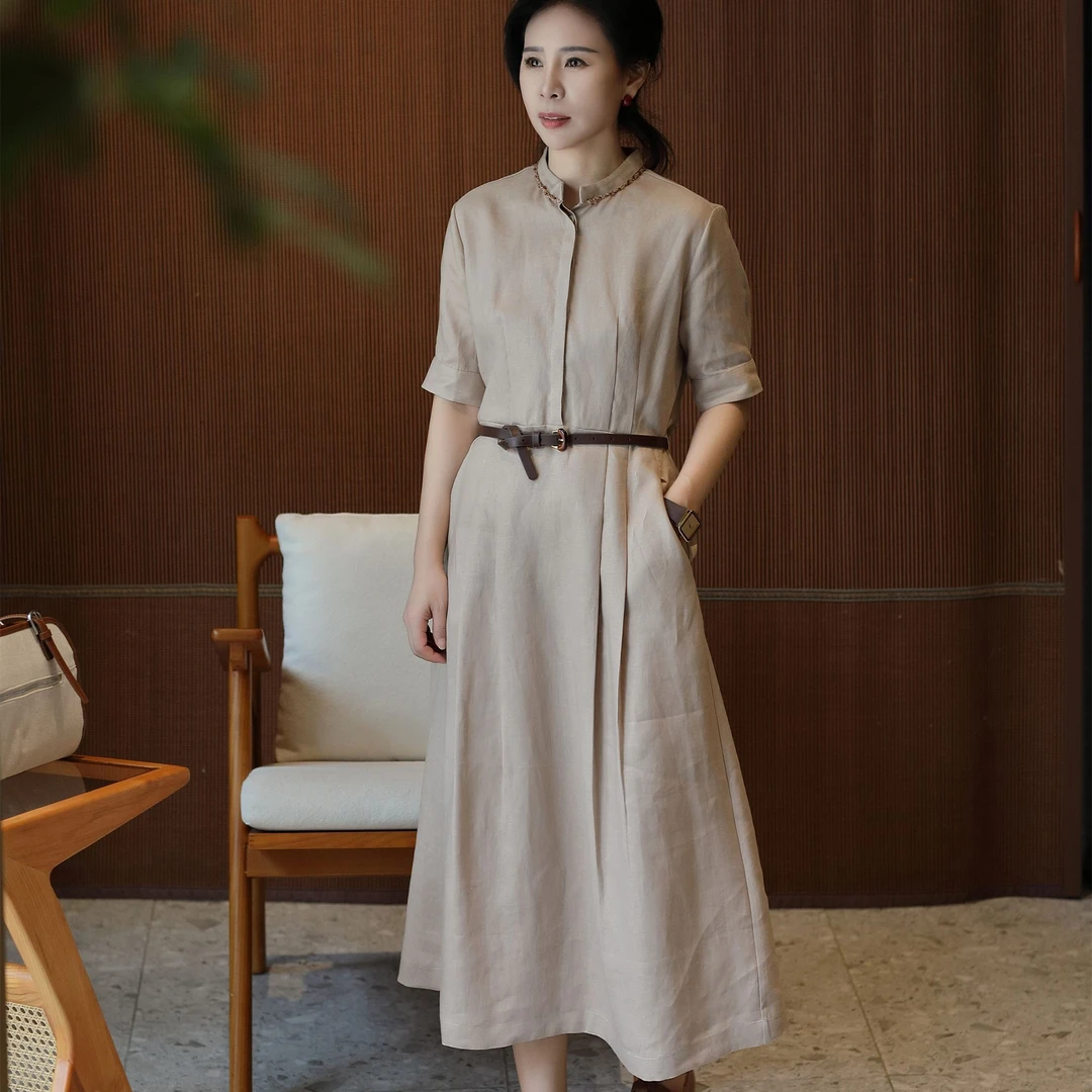 【杜小小】“法式态度”优雅气质时尚显瘦短袖中长款亚麻连衣裙98382