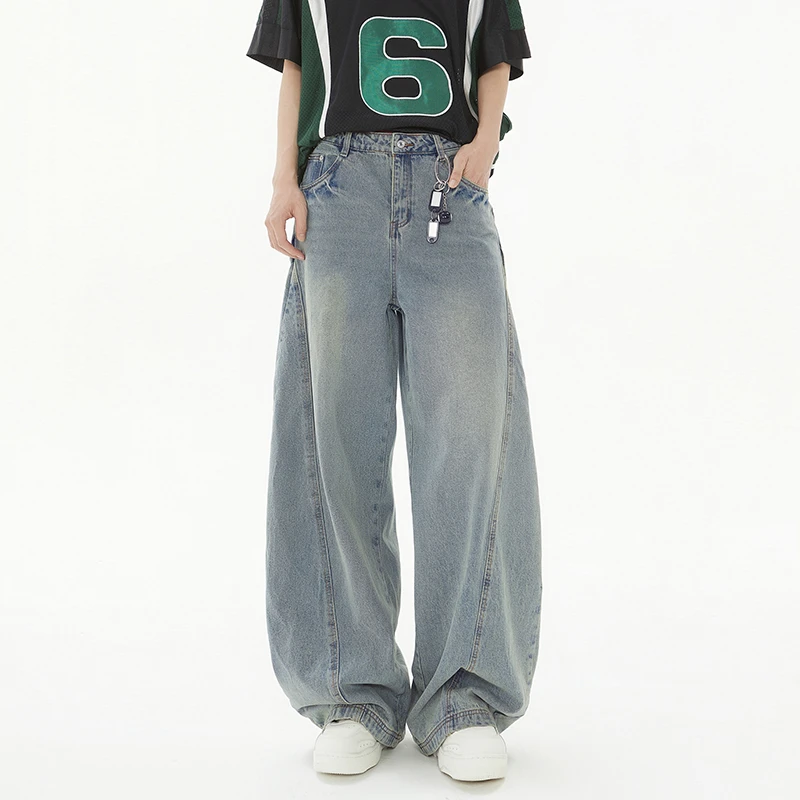 潮牌水洗弯刀牛仔裤男春美式宽松阔腿裤cleanfit休闲裤