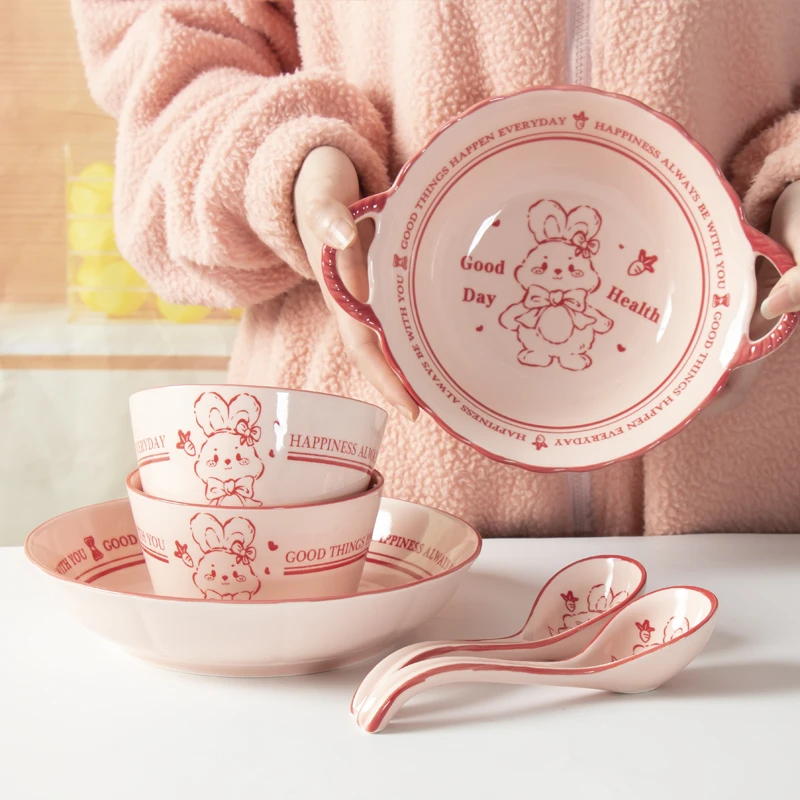 好运兔软萌萌碗碟盘4碗+2个圆盘+2个双耳圆碗家用餐具深菜盘汤碗