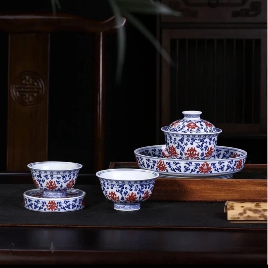 永乐青花釉里红缠枝莲五件套高端送礼家用茶具套装手工中式釉下彩