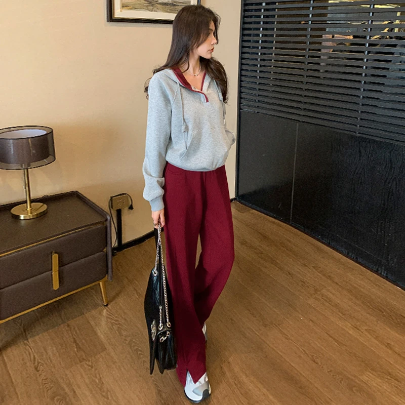 新年红撞色时尚休闲运动套装女春季新款连帽卫衣阔腿裤两件套气质