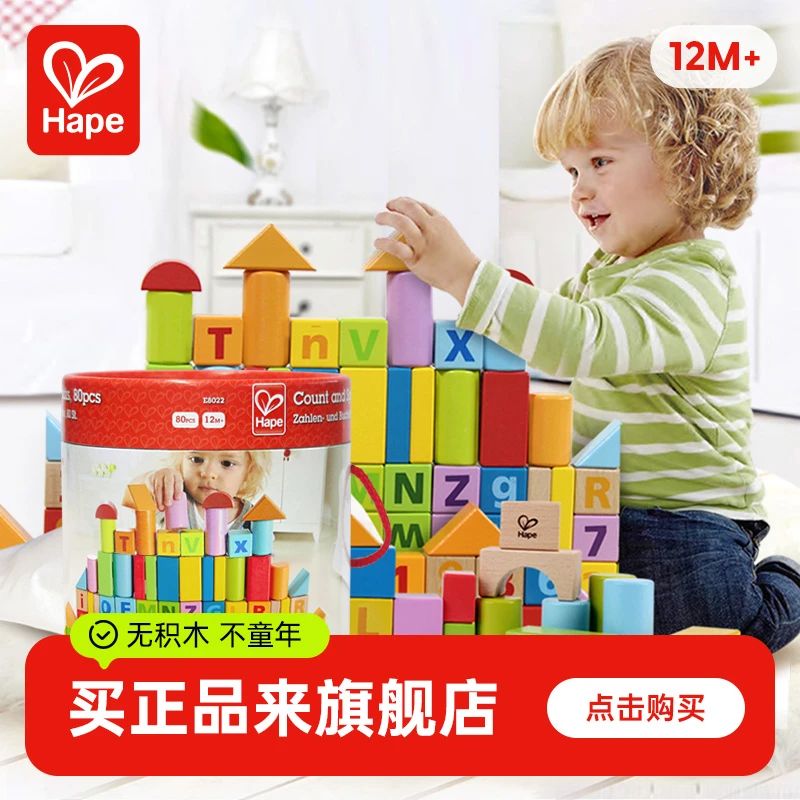 Hape80粒积木益智拼装diy玩具宝宝木制儿童桶装拼搭礼物1岁+E8402