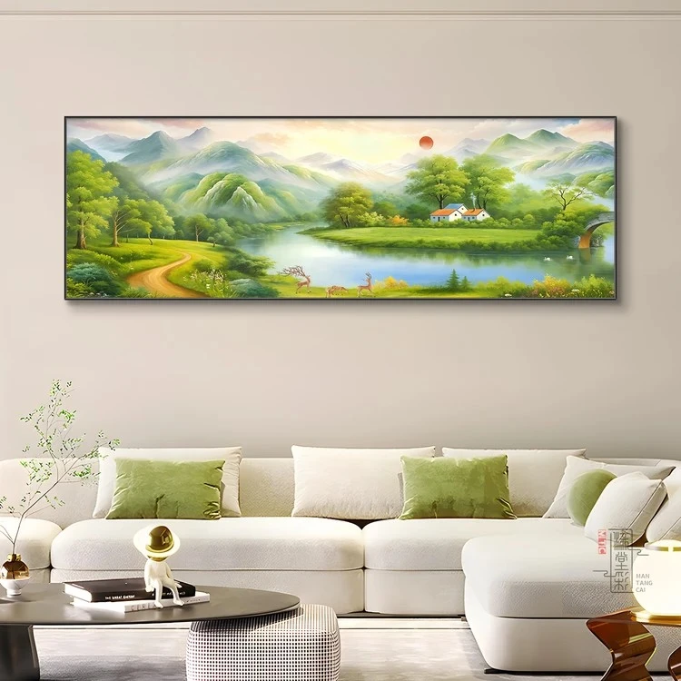 旭日东升福居宝地聚宝盆客厅装饰画现代轻奢沙发背景墙山水画
