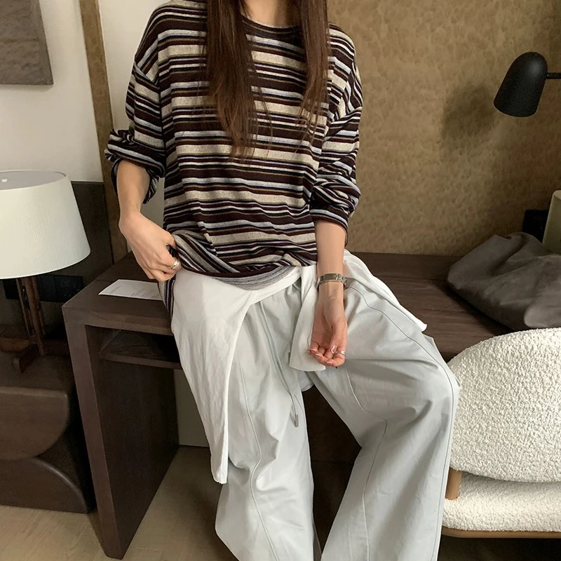 条纹长袖T恤女2025秋装新款宽松慵懒风显瘦百搭休闲上衣 8177