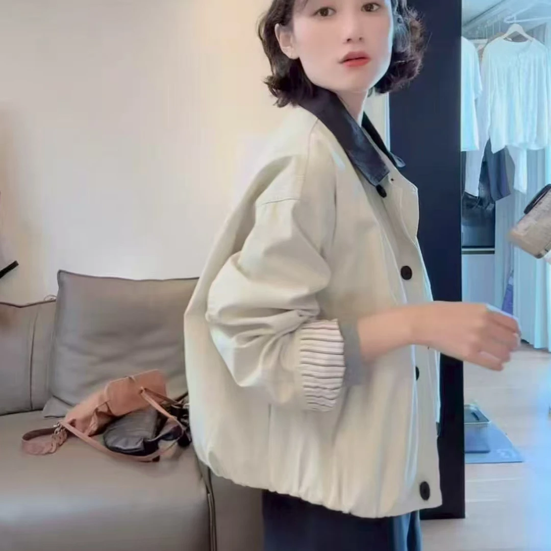 韩系翻领撞色双排扣短款风衣外套女2025秋季新款百搭时尚休闲上衣