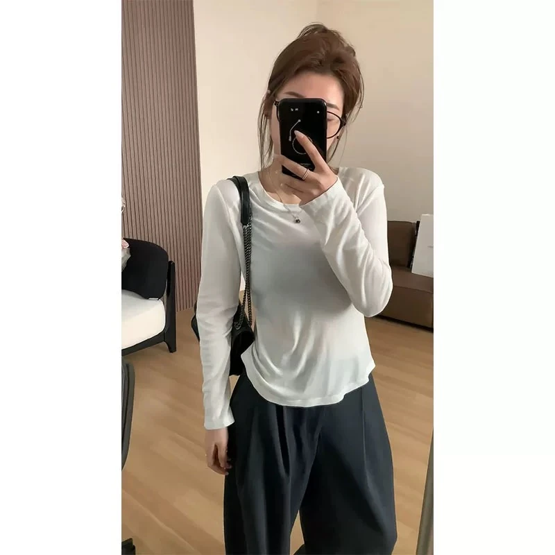 外单长袖t恤女白色简约洋气内搭显瘦纯色打底衫上衣