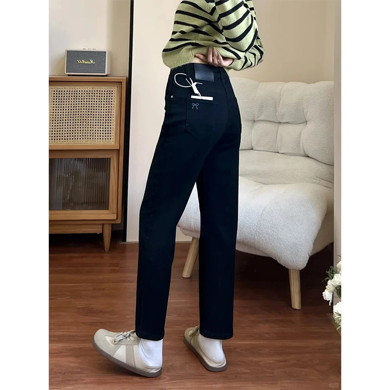 直筒牛仔裤女秋季新款黑色裤子大码胖mm显瘦高腰弹力九分烟管裤