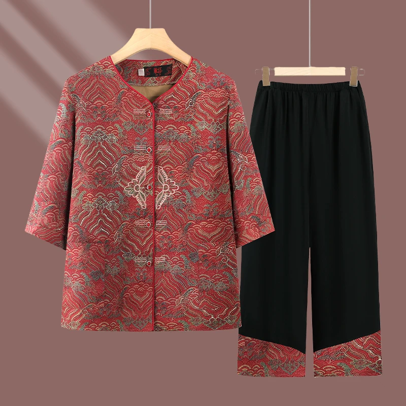 奶奶夏装套装女中老年人夏季两件套老太太衬衫裤子老人衣服妈妈装