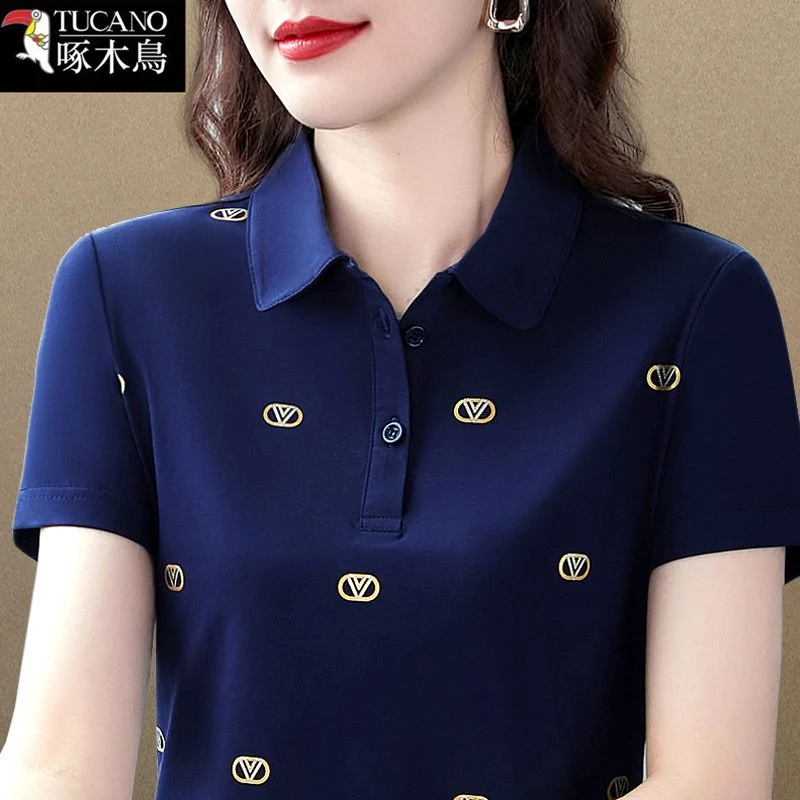 啄木鸟夏季短袖纯色翻领T恤女2025年新款中年减龄休闲印花上衣ins
