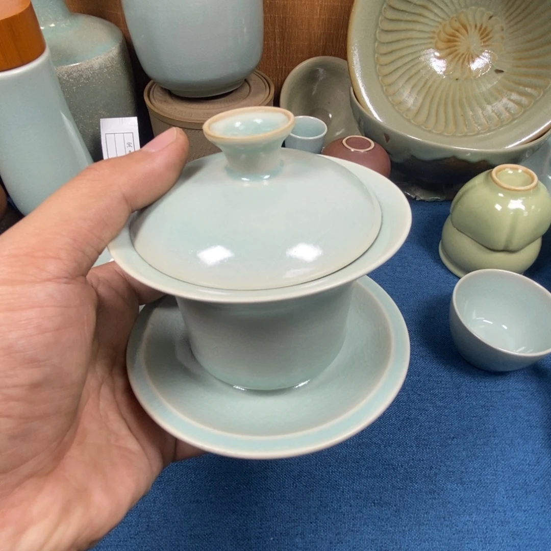 盖碗瓷清凉寺汝瓷仿古釉三才杯（瑕）