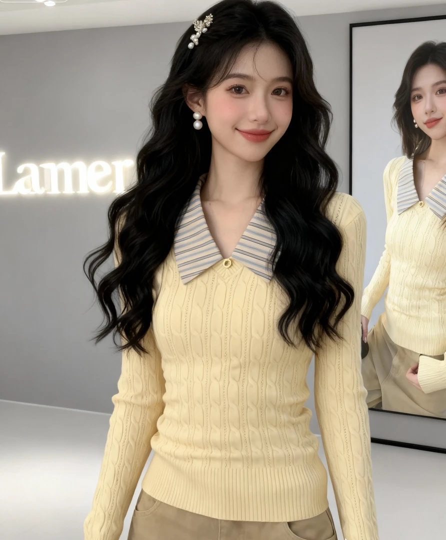 2026新款黄色v领麻花拼接条纹撞色假两件毛衣针织衫