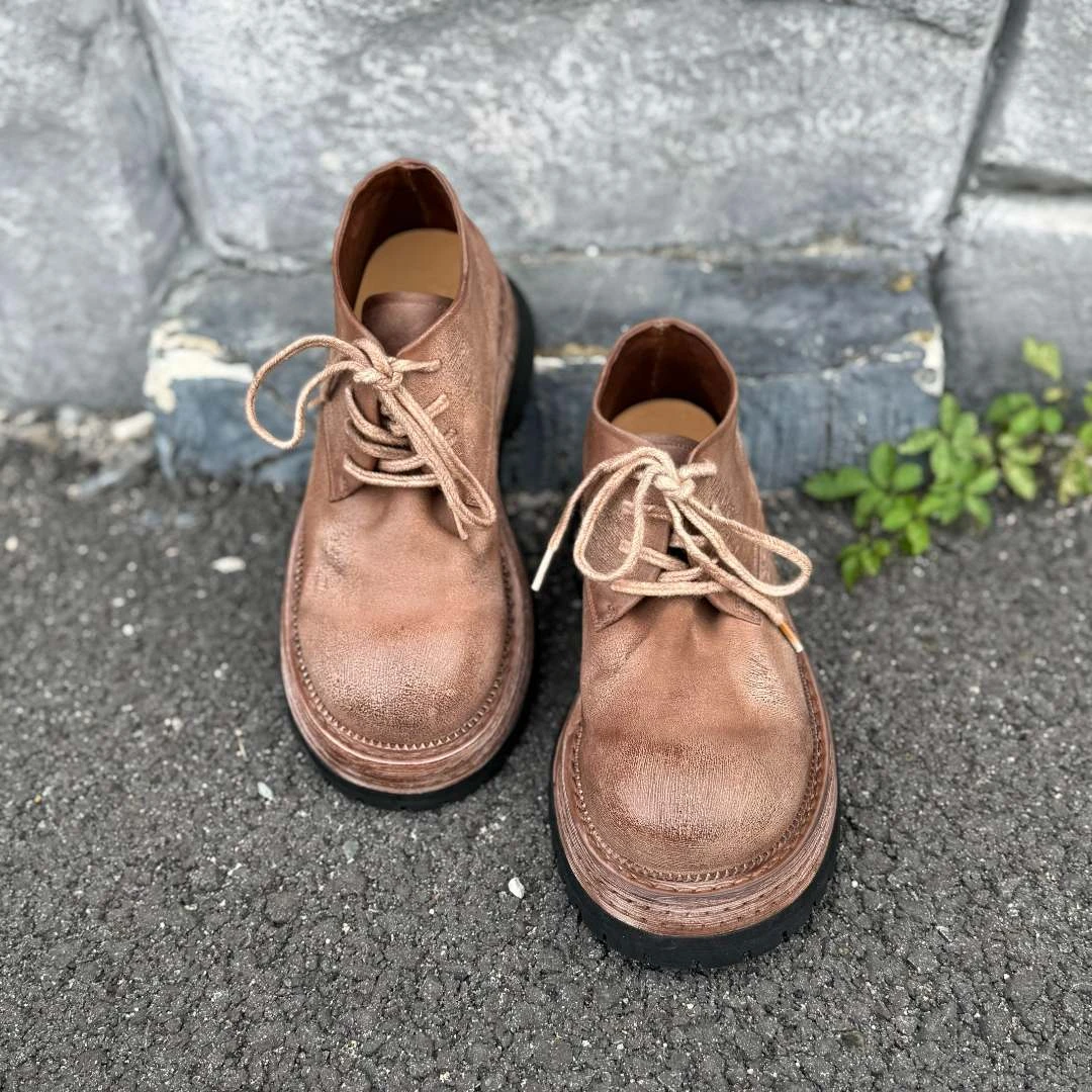 力SF 2025原创新款纯手工复古系美拉德圆头百搭系带马皮鞋男女款