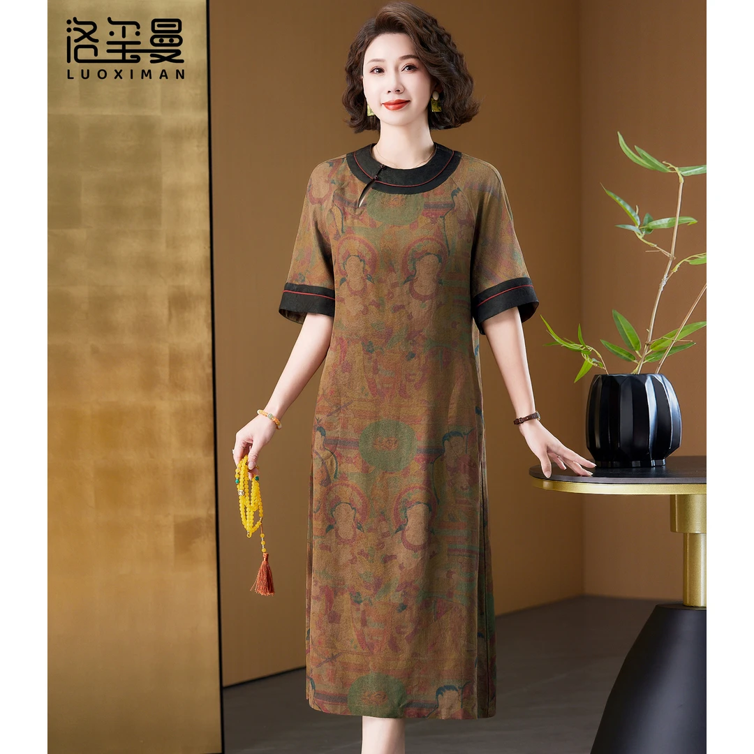 洛玺曼国风香云纱连衣裙中年女装高端杭州真丝桑蚕丝新中式裙子