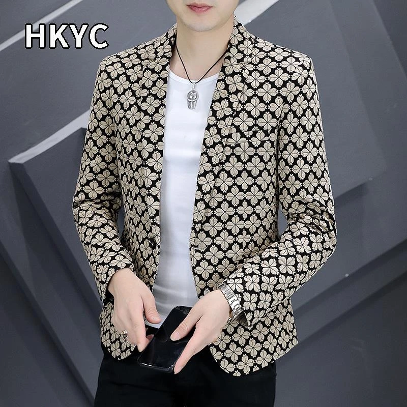 个性印花西装男士潮流韩版时尚单西上衣秋季休闲痞帅西服外套潮流