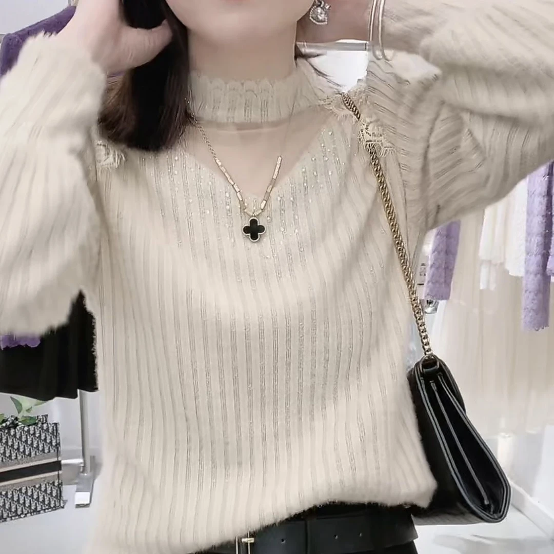 立领薄款/加绒加厚磨毛蕾丝打底衫女秋冬季新款韩版百搭小衫保暖