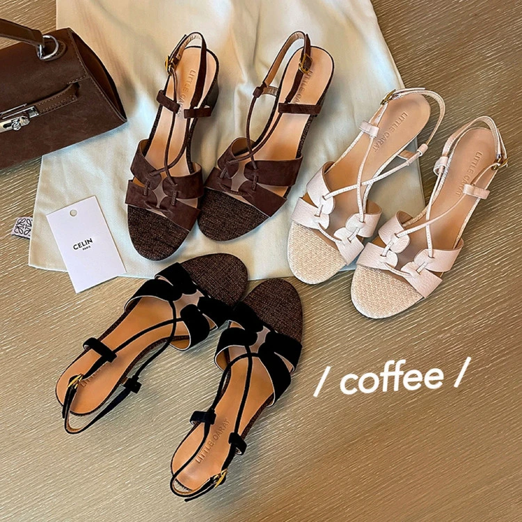 羊皮版法式复古交叉带镂空高跟凉鞋休闲设计感露趾粗跟罗马凉鞋