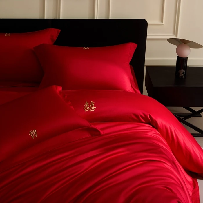 水星金典家纺长绒棉婚庆四件套高档100s新疆轻奢长棉喜被中式结婚